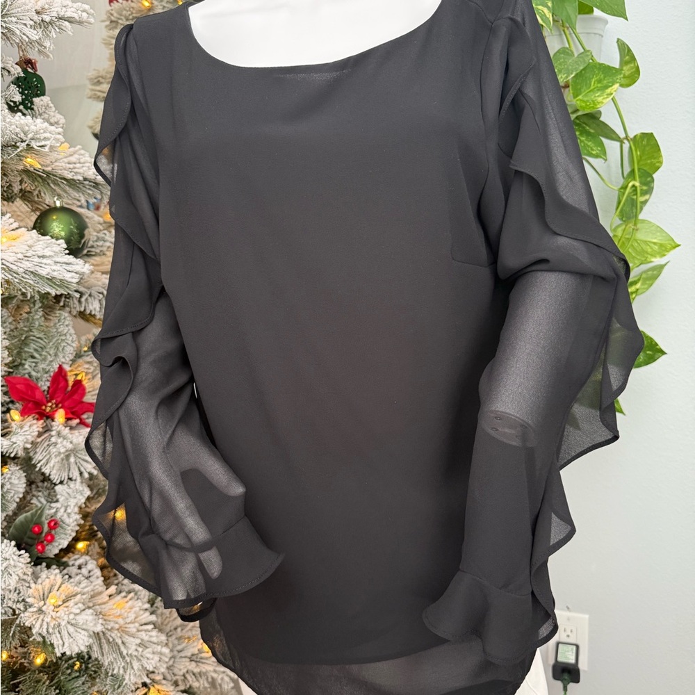 Roz & Ali Black Sheer Ruffle Sleeve Blouse